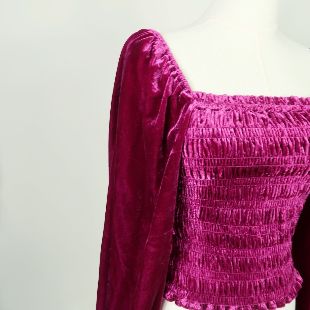 Anthropologie Womens Smocked Velvet Puff Sleeve Top Small Magenta Pink Boho - Picture 5 of 11